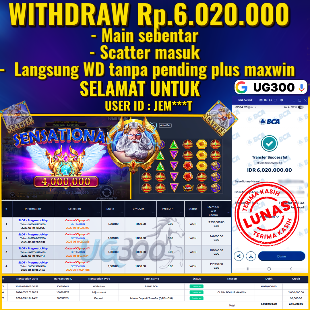 UG300 BERMAIN GATES OF OLYMPUS JACKPOT MAXWIN Rp.6,020,000- DI BAYAR TUNTAS